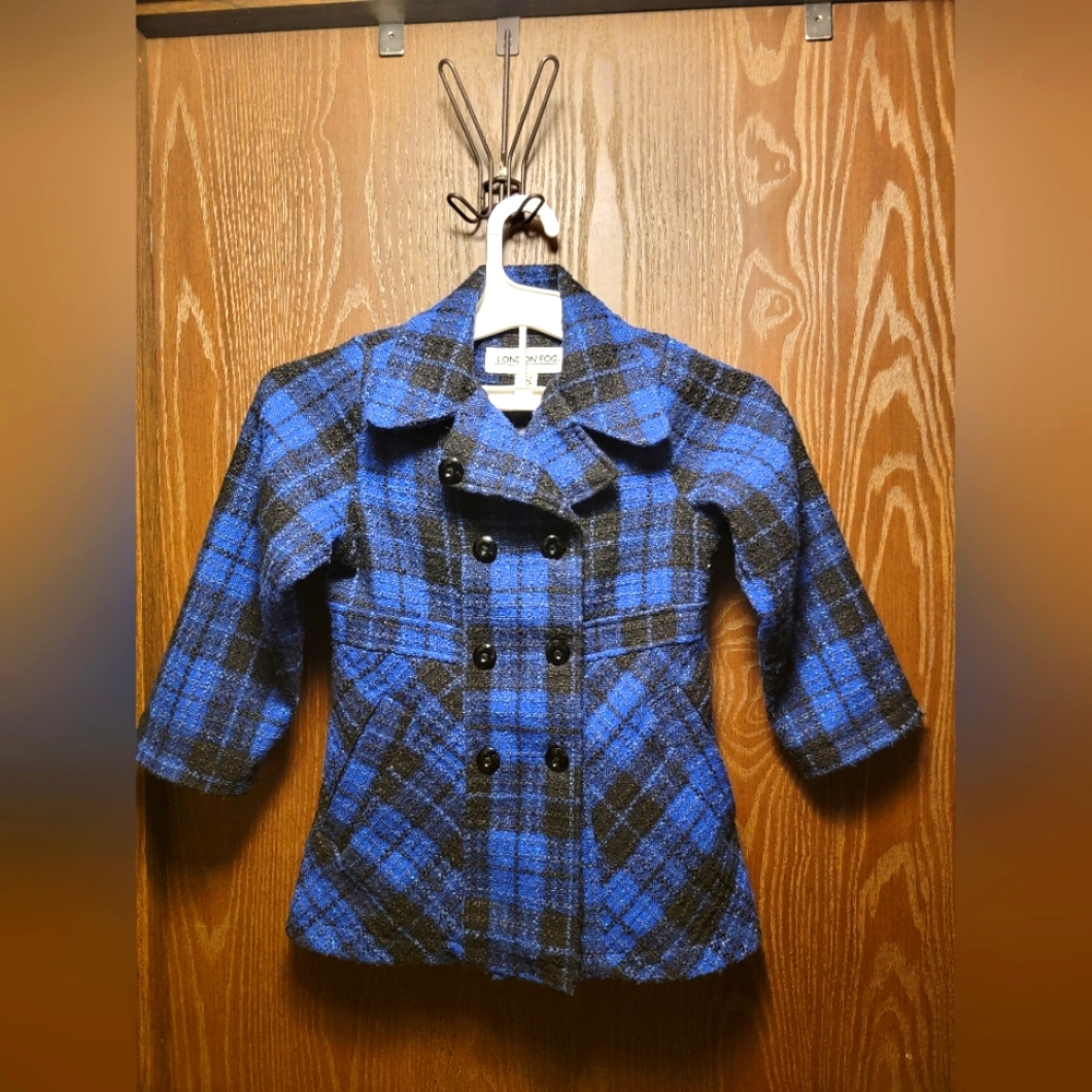 London Fog Girls 5-6 Blue Black Plaid Pea Coat UVG